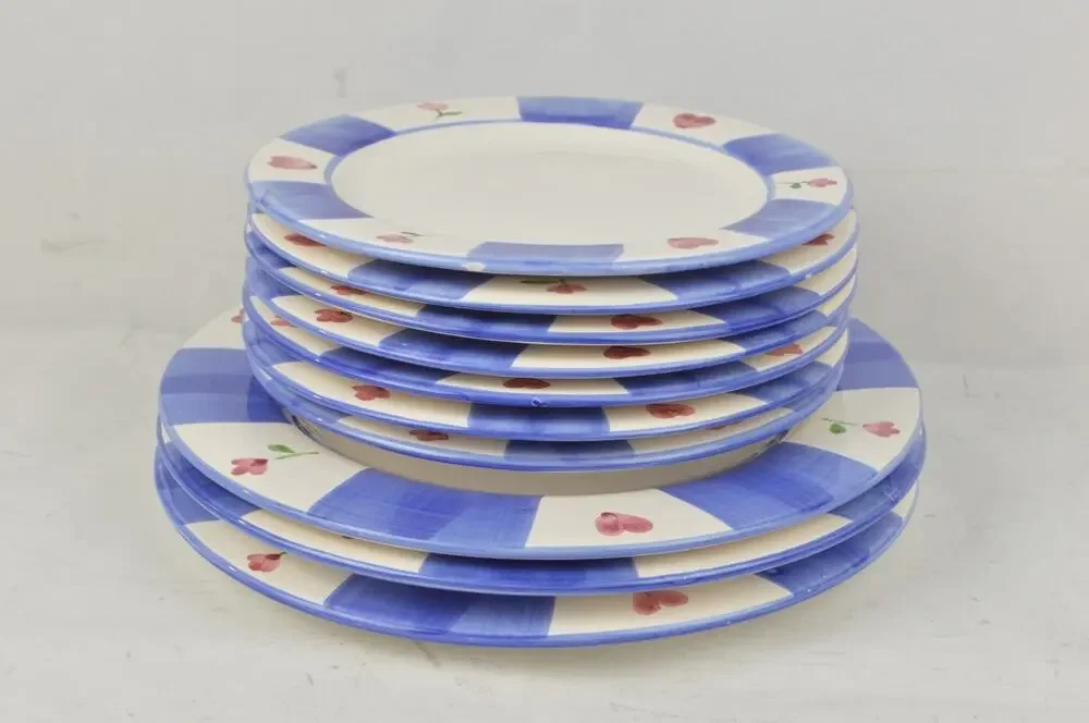 Williams Sonoma Portugal Plates Set 10 Blue Checkered Pink Floral Rosebuds Heart